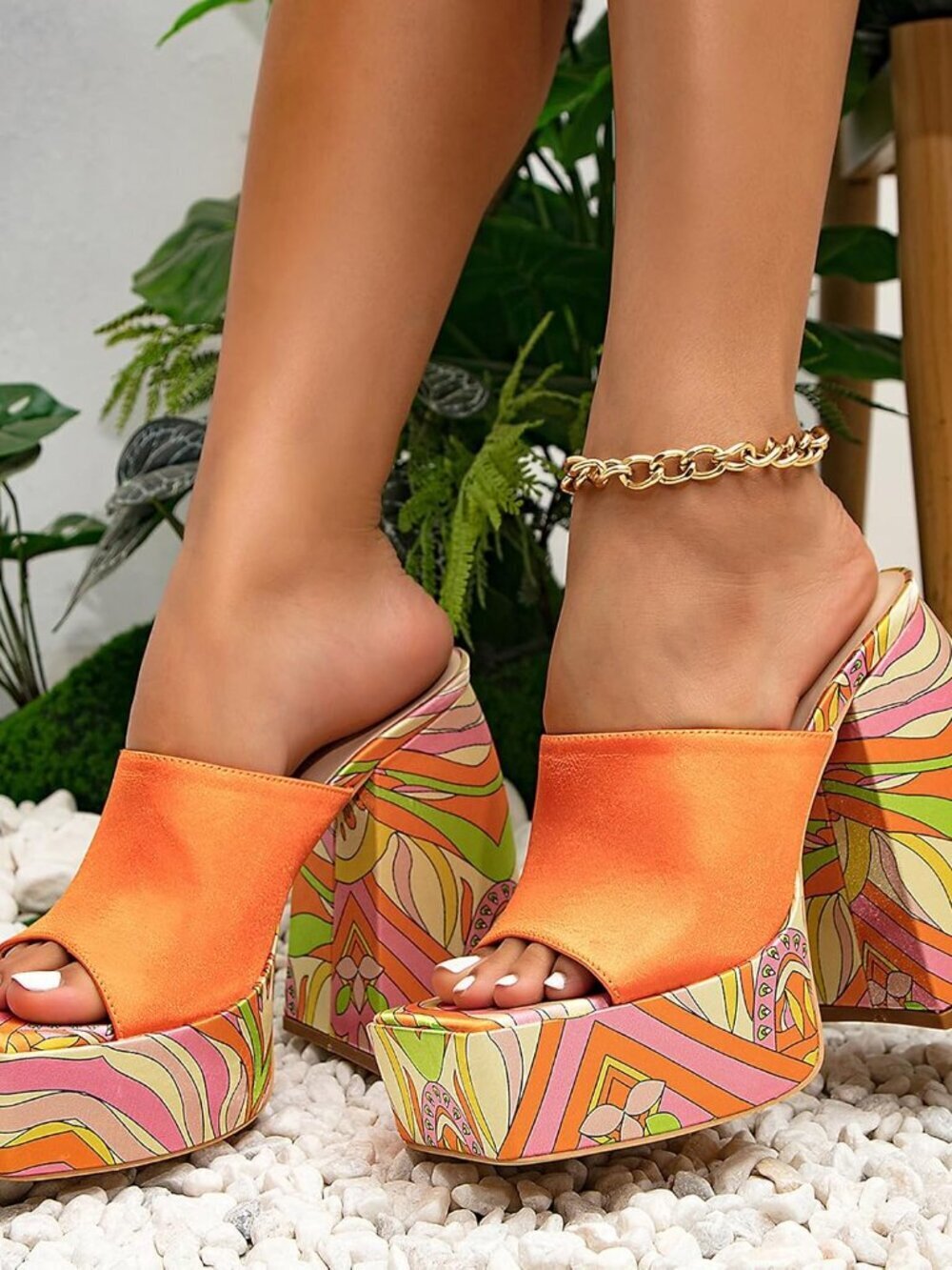 Women's Orange Chunky Platform High Heels Square Open Wedge Sandals Shoes - Picture 6 of 7
